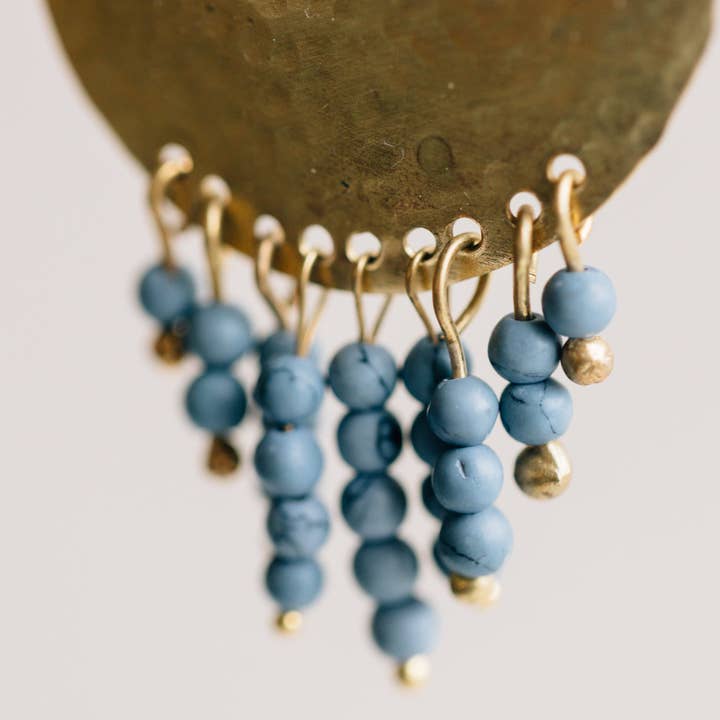 Blue-Gold Hammered Disc/Fringe Brass Earrings (2.75&quot; L)