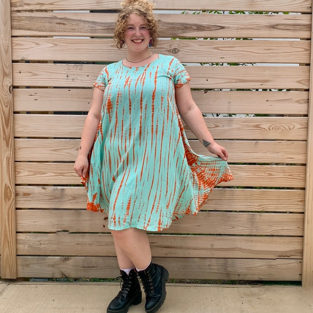 tie dye short sleeve dress La Cera Cotton Knit Short Sleeve Blue Yellow Tie-Dye Dress, XL