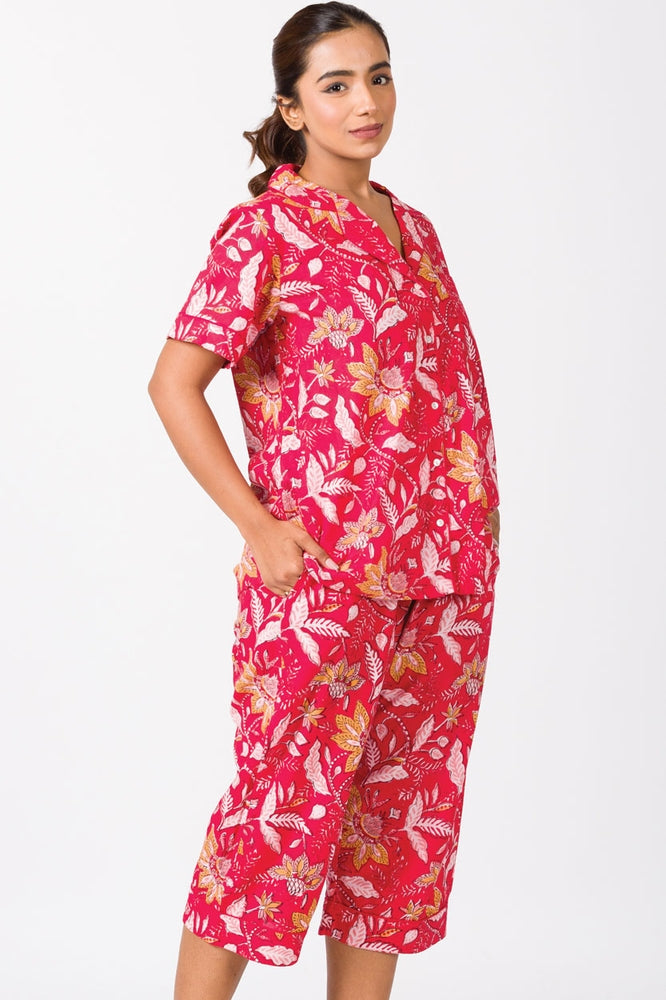 Red Floral Cotton Capri Pajama Set