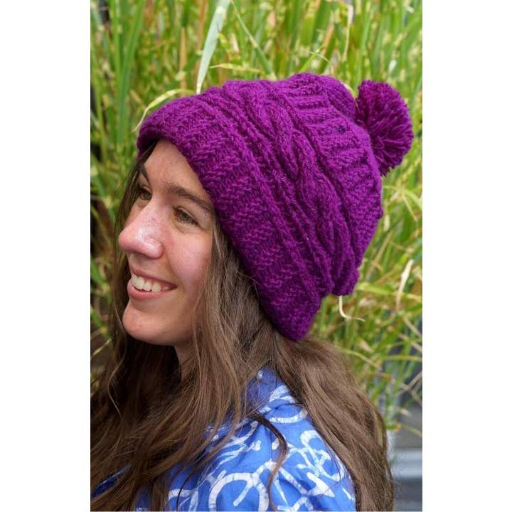 Cable Knit Wool Hat with Pom - Assorted