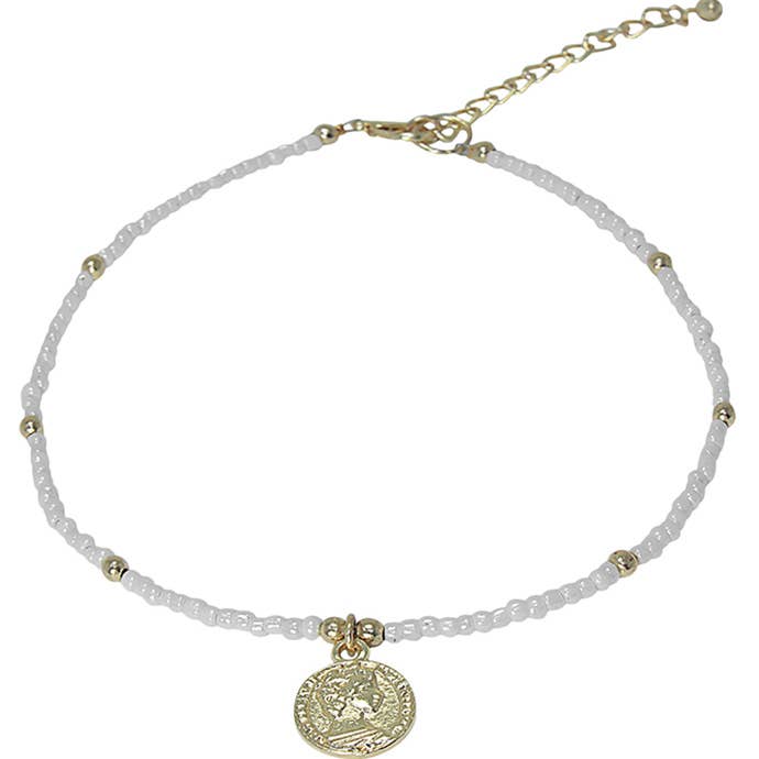 White Glass Bead Choker with Brass Coin Pendant