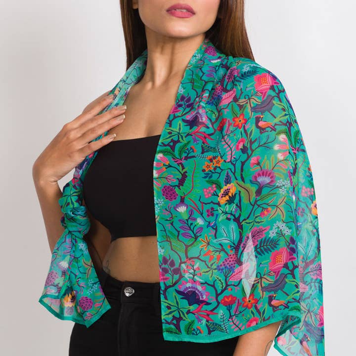 Emerald Multicolor Floral Sahila Cupro Scarf