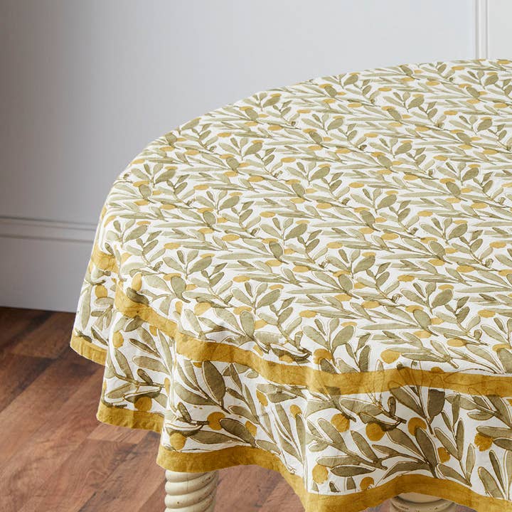 Gold Olive Branch Kalamkari Tablecloth (70&quot; D)