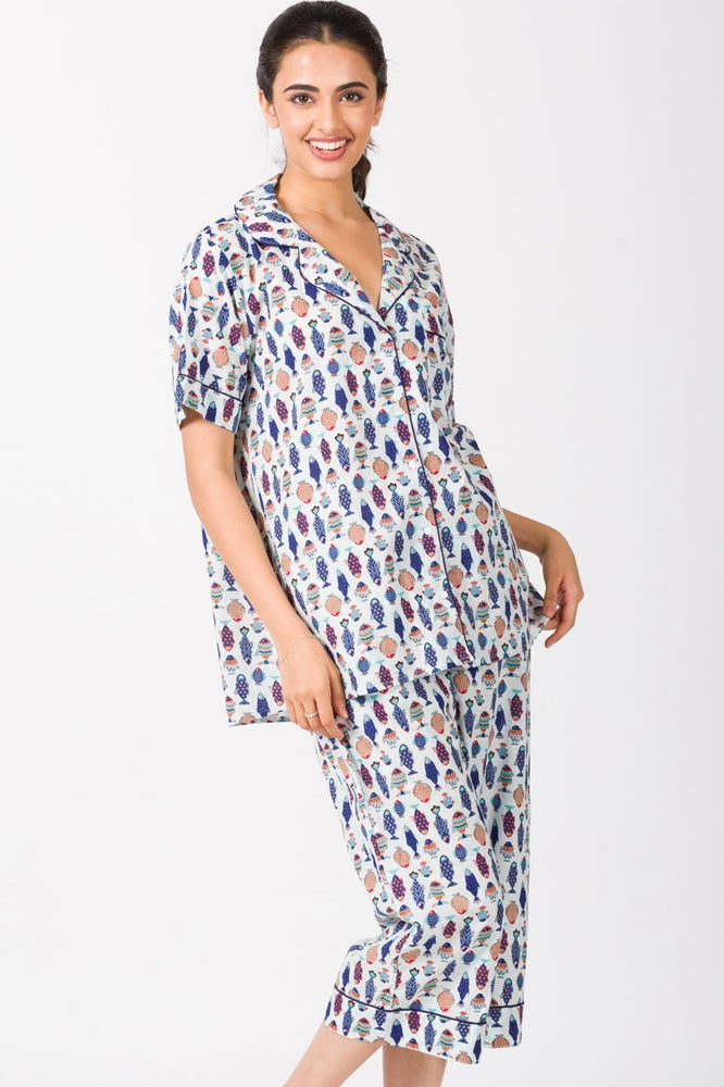 Multicolor Fish Cotton Capri Pajama Set