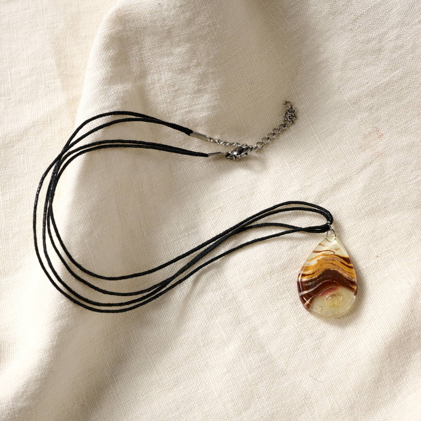 Amber Swirl Teardrop Fused Glass Necklace (18&quot; L)