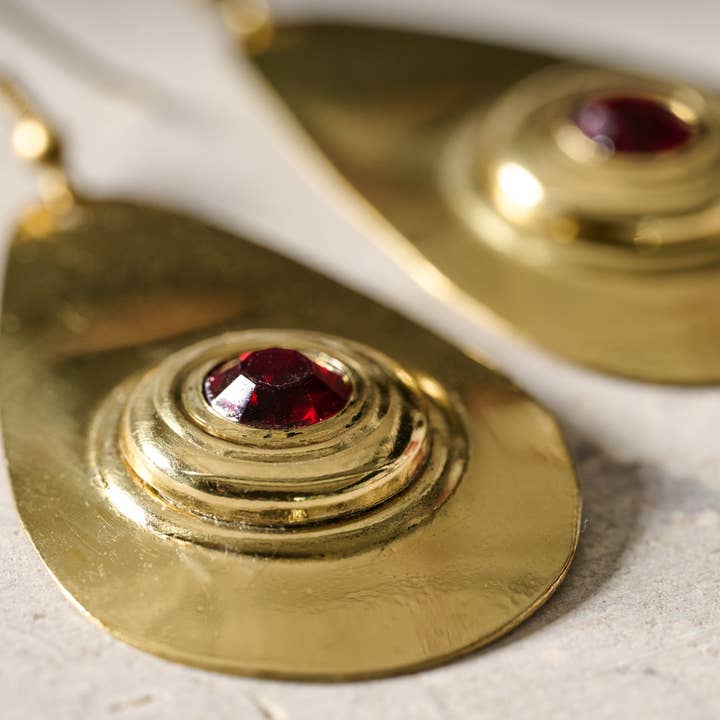 Brass Pear Red Glass Eye Earrings (2.5&quot; L)