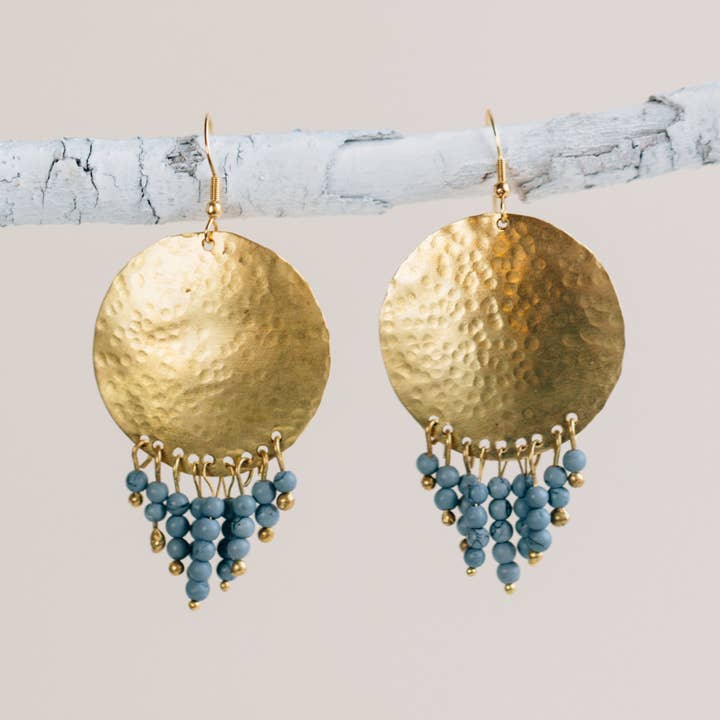 Blue-Gold Hammered Disc/Fringe Brass Earrings (2.75&quot; L)