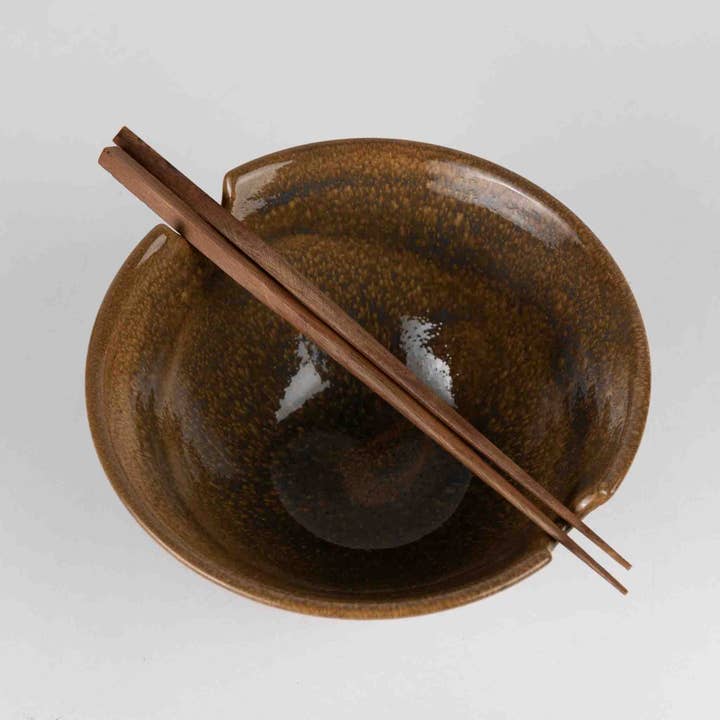 Ceramic Bowl with Chopsticks - Brown Ombre (6&quot; D x 3&quot; H)