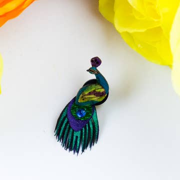 Gourd/Fabric/Crystal Peacock Pin (2.5" L), XS