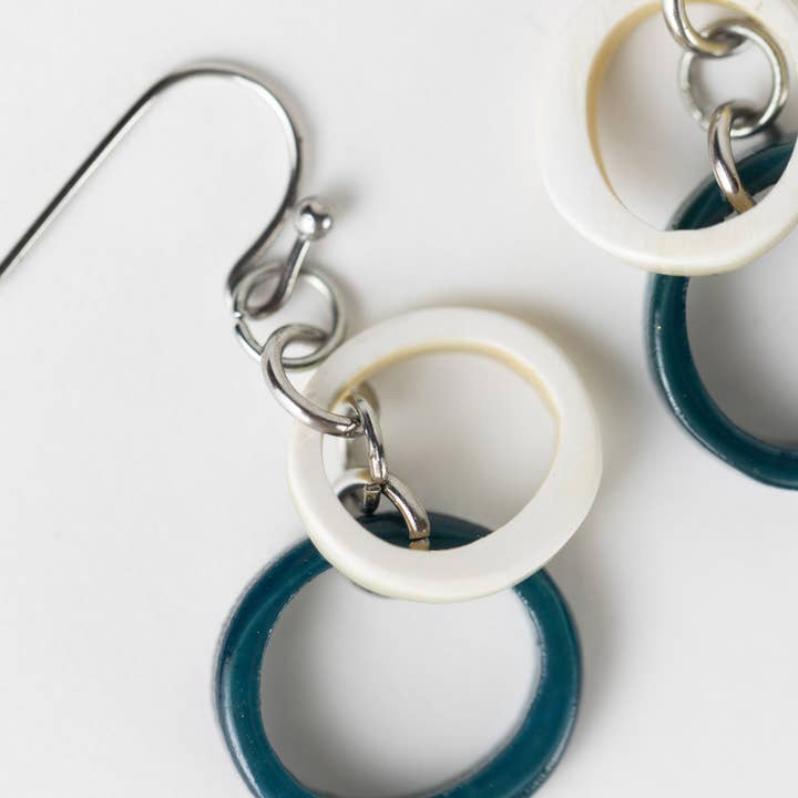 Blue &amp; Cream 2-Circle Horn Earrings (1.5&quot; L)