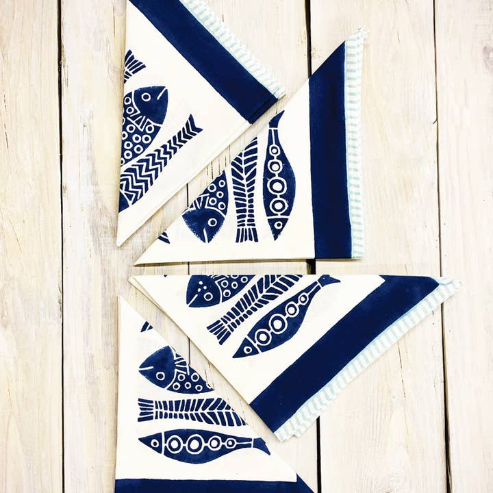 Blue/White Fish Block Print Napkin