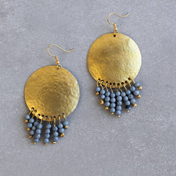 Blue-Gold Hammered Disc/Fringe Brass Earrings (2.75&quot; L)