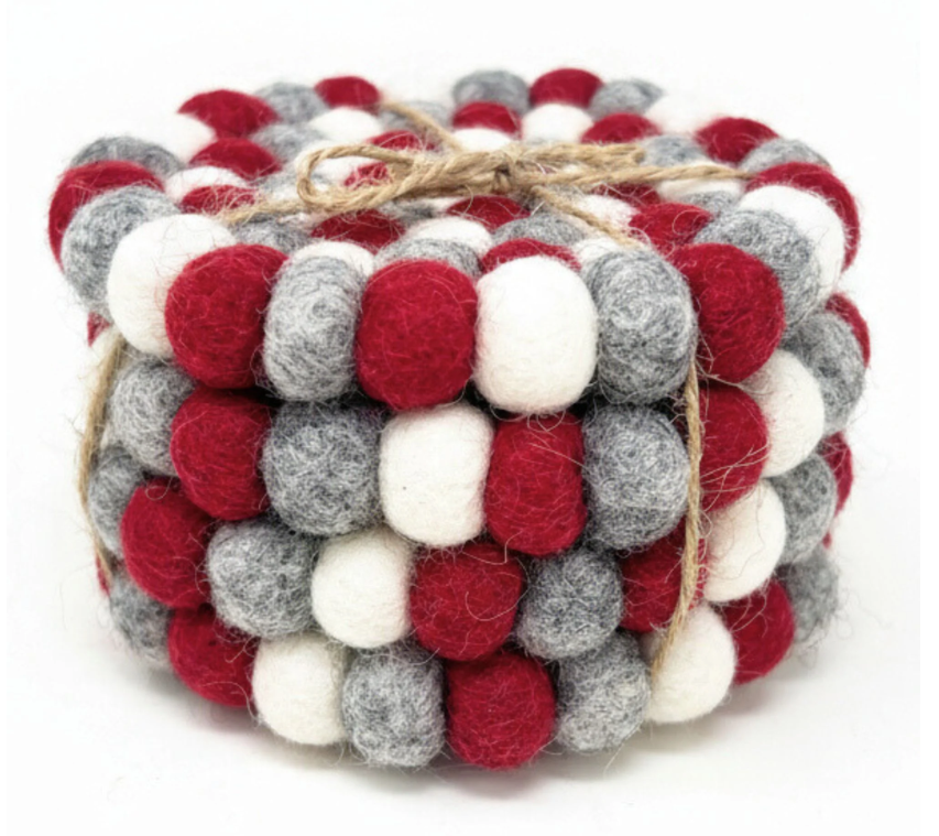 Red & Grey Felt Balls Coasters - Set of 4
