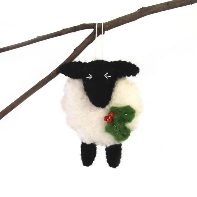 Sheep with Holly Felt Ornament