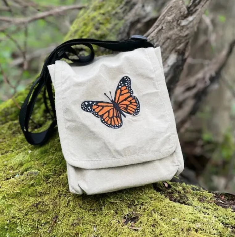 Embroidered Monarch Butterfly Cotton Crossbody Bag