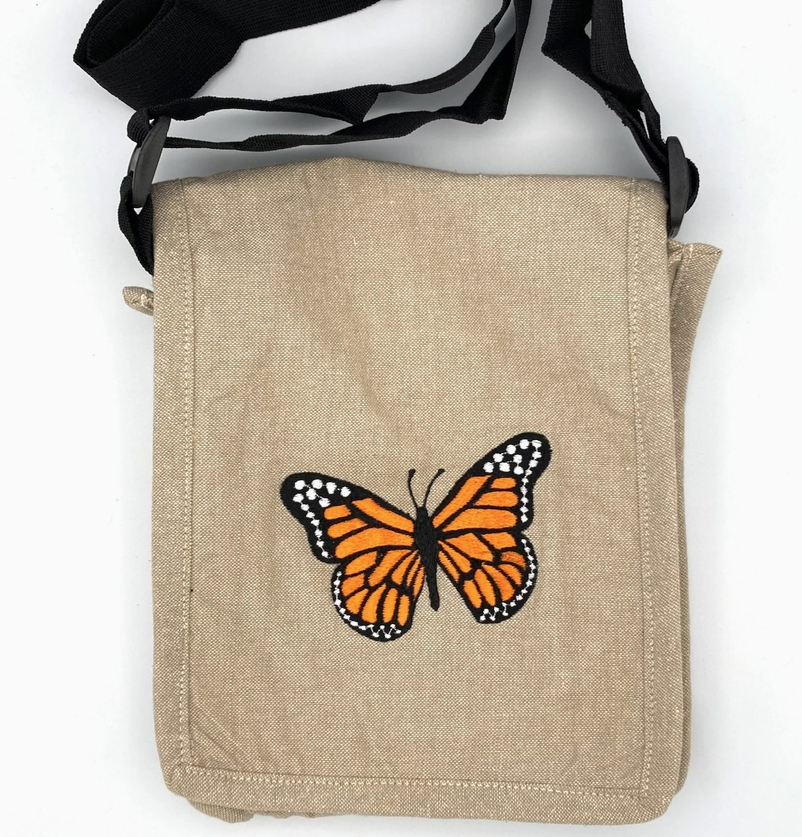 Embroidered Monarch Butterfly Cotton Crossbody Bag