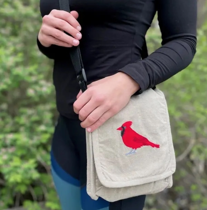 Embroidered Cardinal Cotton Crossbody Bag