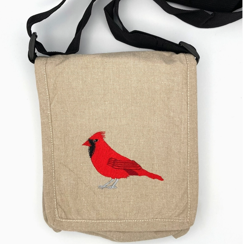 Embroidered Cardinal Cotton Crossbody Bag
