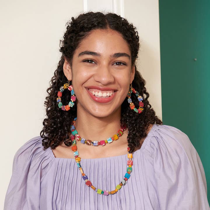 Kantha Square Dotted Long Necklace