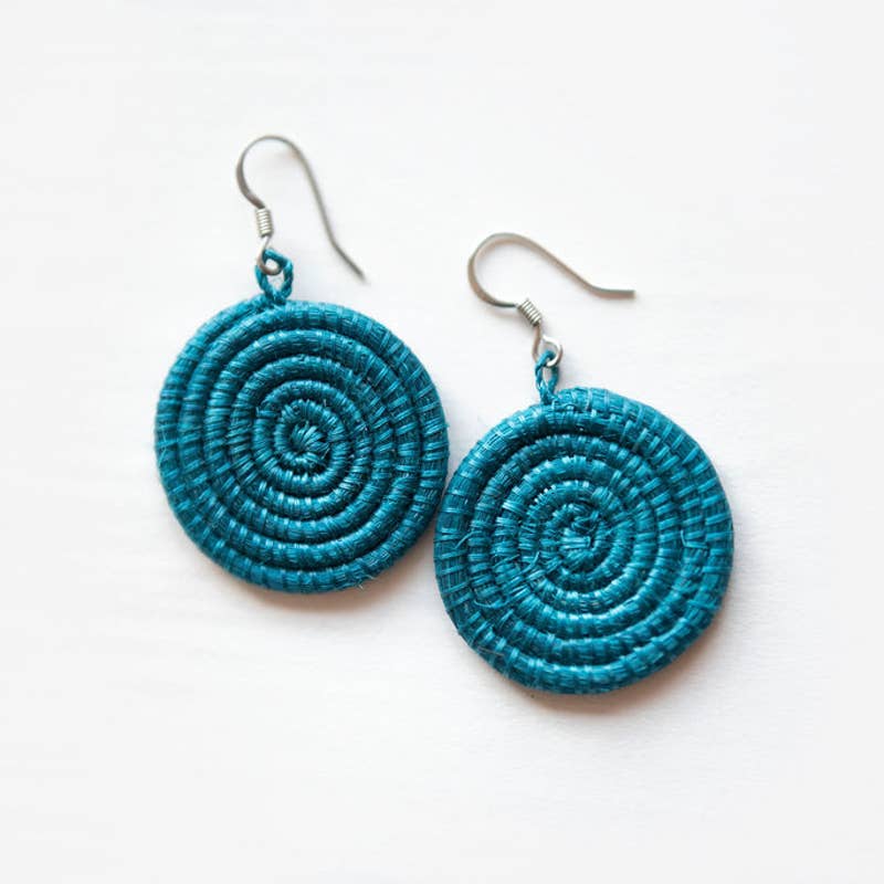 Blue Woven Sisal Disc Earrings