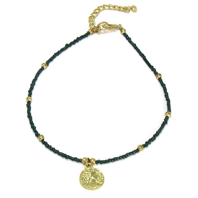 Dark Green Glass Bead Choker with Brass Coin Pendant