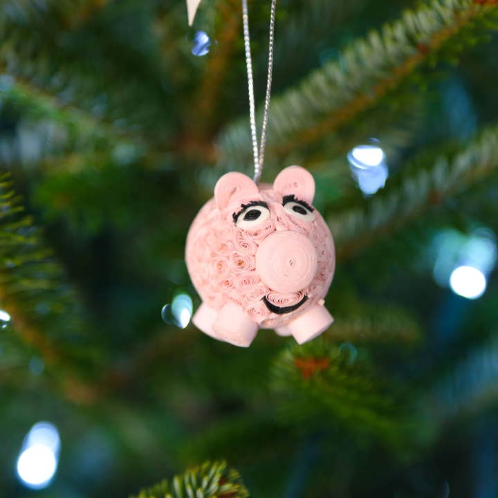 Pink Quilled Paper Pig Ornament (2&quot; L)