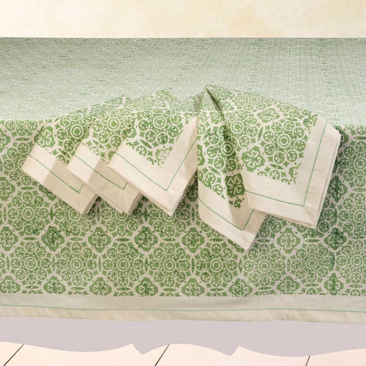 Mosaic Sage Block Print Cotton Tablecloth