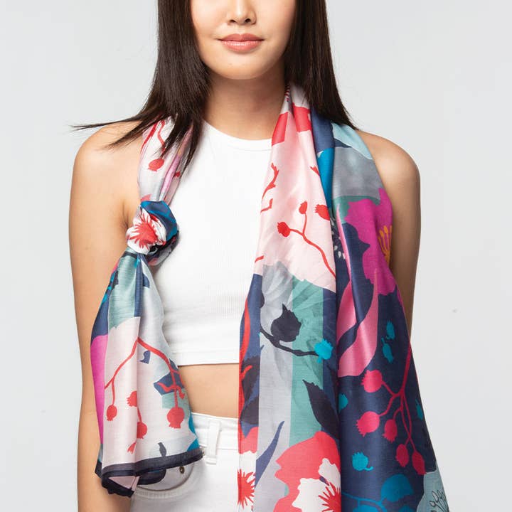 Navy/Fuchsia Floral Rishika Cupro Scarf