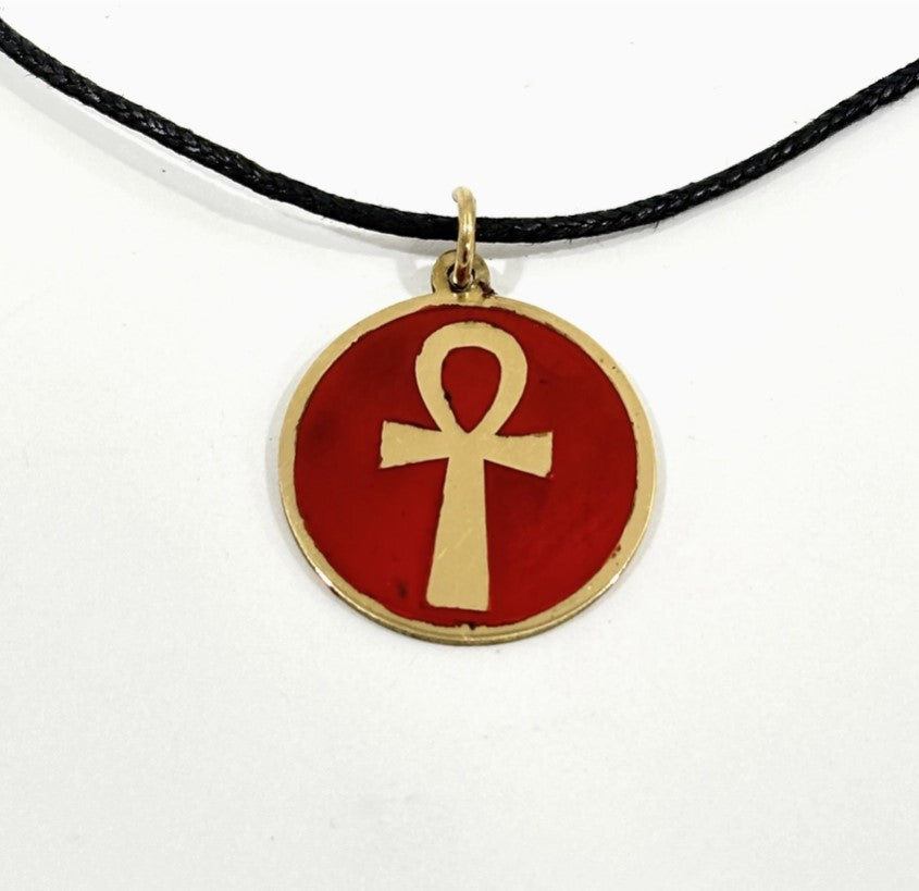 Brass Pendant Ankh Necklace - Red