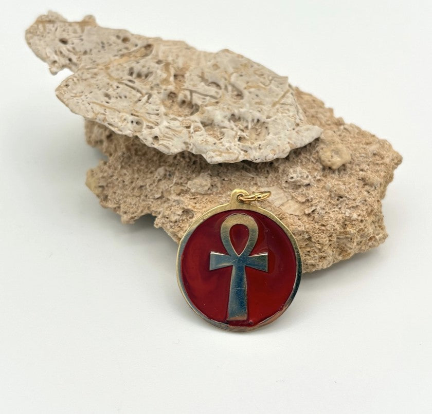 Brass Pendant Ankh Necklace - Red