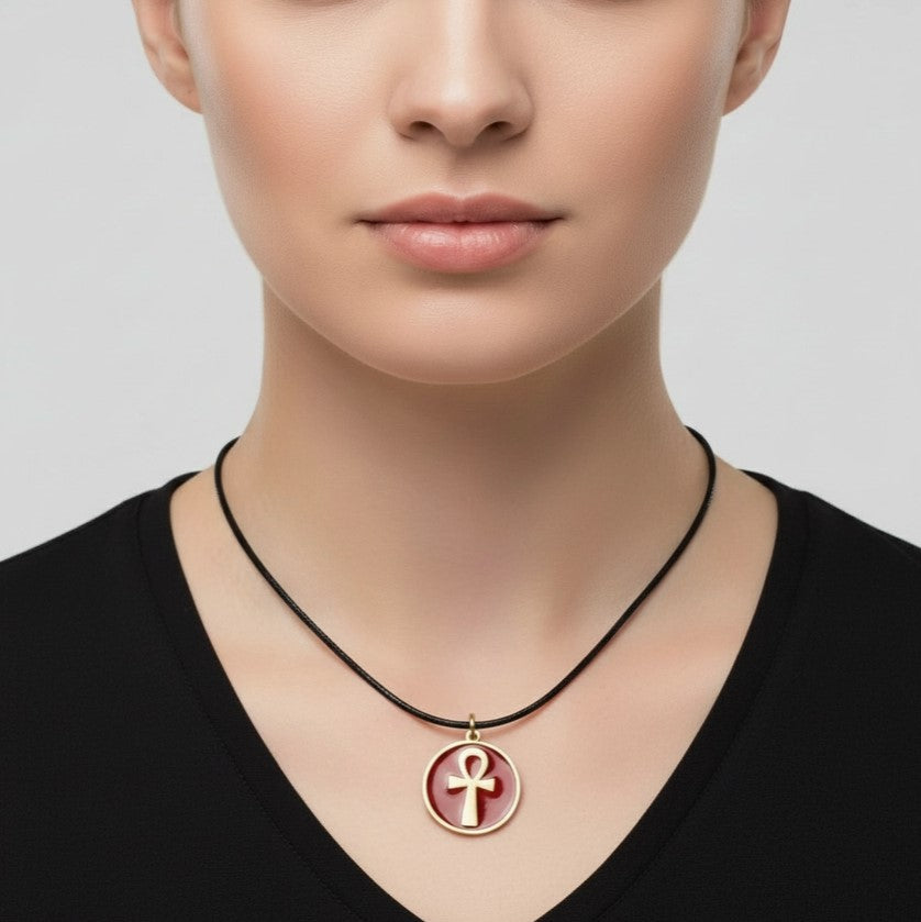 Brass Pendant Ankh Necklace - Red