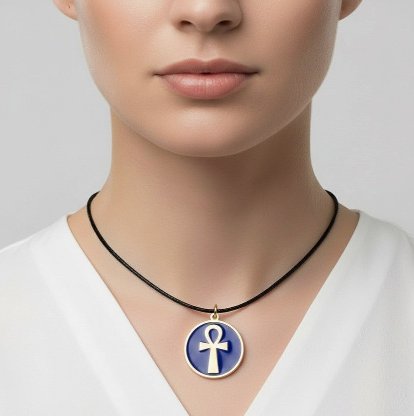 Brass Pendant Ankh Necklace - Blue