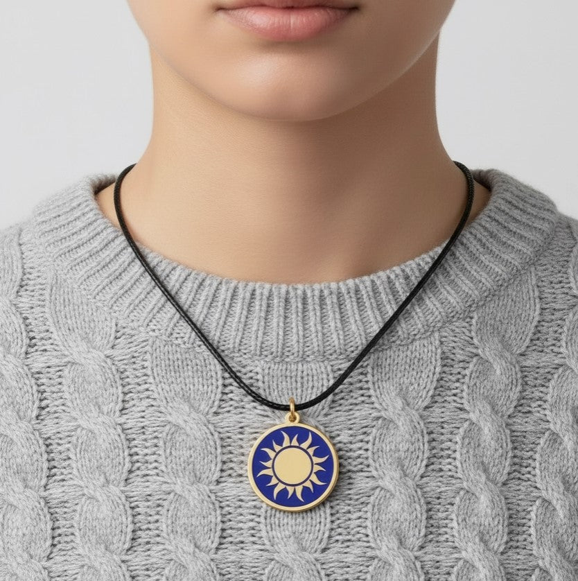 Brass Pendant Sun Necklace - Blue