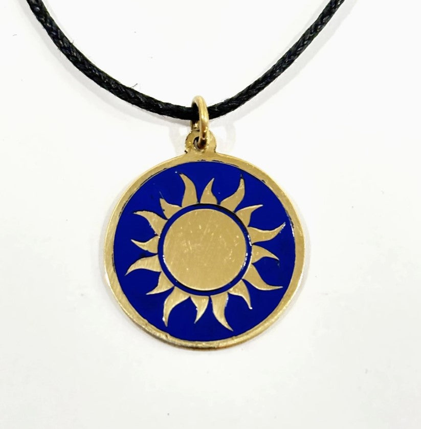 Brass Pendant Sun Necklace - Blue