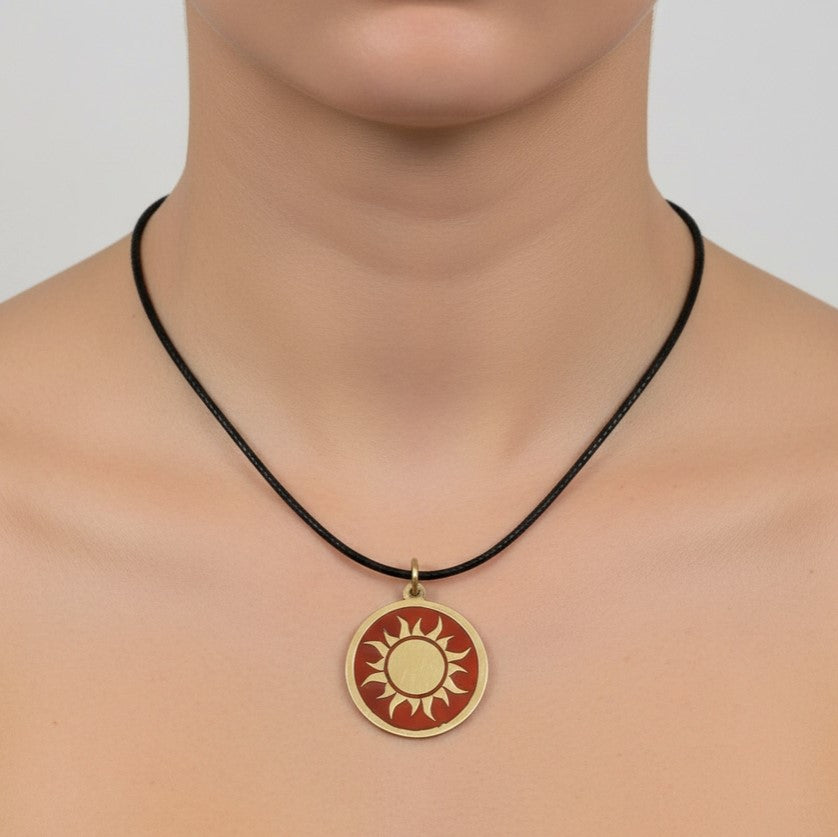 Brass Pendant Sun Necklace - Red