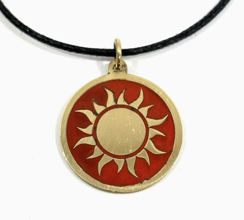 Brass Pendant Sun Necklace - Red