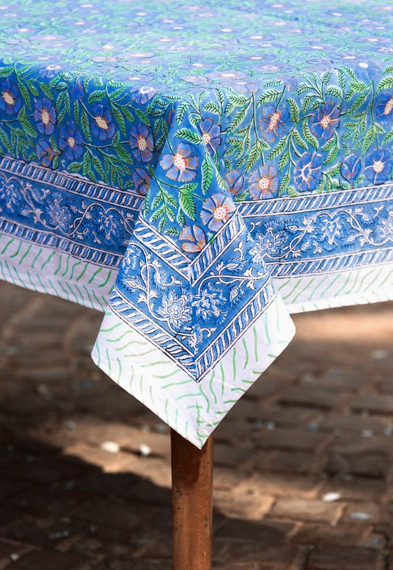 Sage &amp; Blue Blockprint Tablecloth (60" x 90")