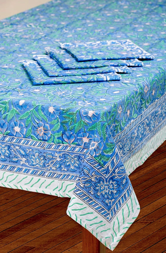 Sage &amp; Blue Blockprint Tablecloth (60" x 90")