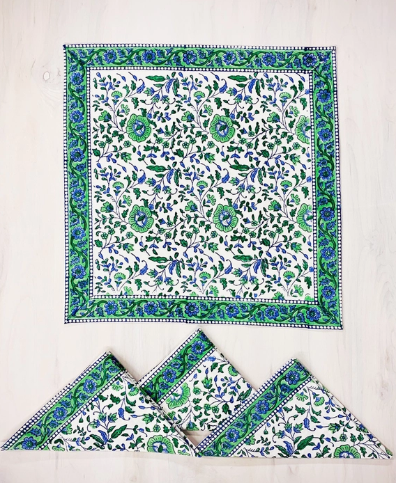 Blue and Green Floral Block Print Napkin