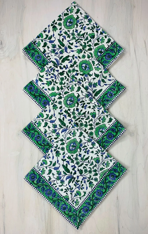 Blue and Green Floral Block Print Napkin