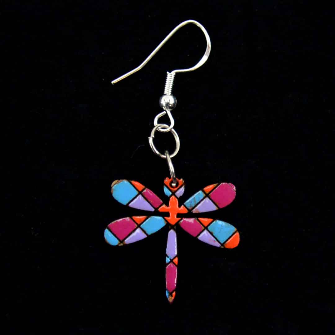 Multicolor Dragonfly Straight Tail Wooden Mosaic Earrings