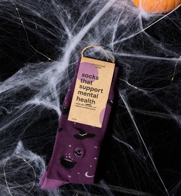 Purple Witch Hat Socks Support Mental Health