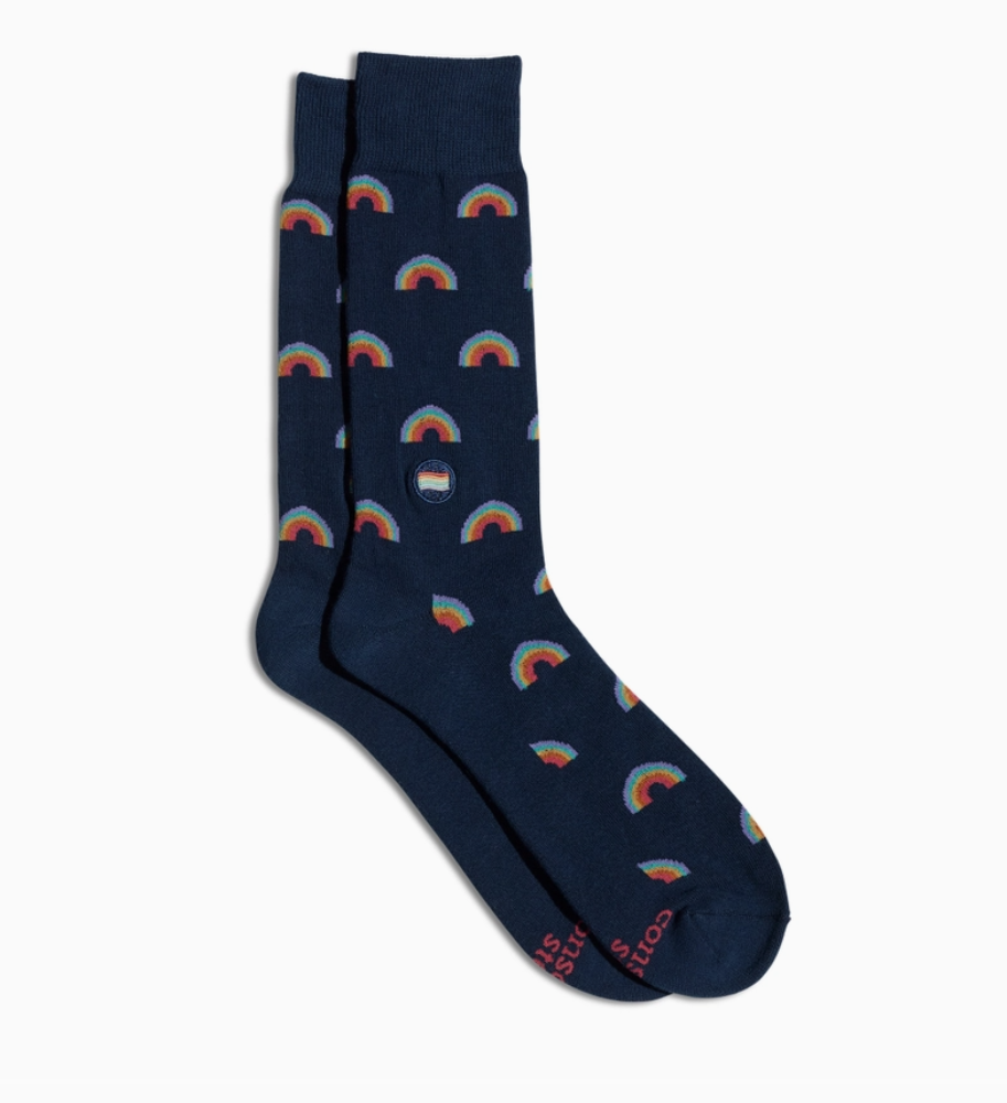 Navy blue socks with rainbow pattern.