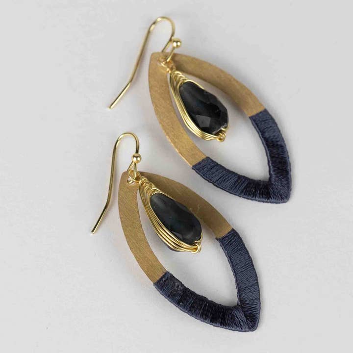 Brass &amp; Blue Oval with Glass Bead Earrings (2&quot; L)