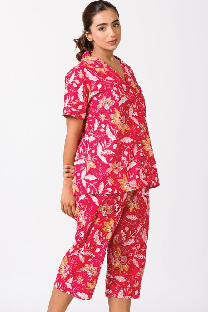 Red Floral Cotton Capri Pajama Set