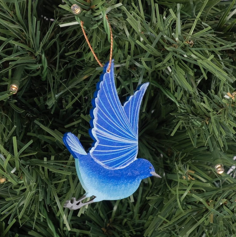 Painted Blue Bird of Happiness Wood Ornament