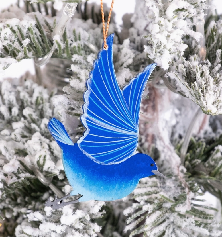 Painted Blue Bird of Happiness Wood Ornament
