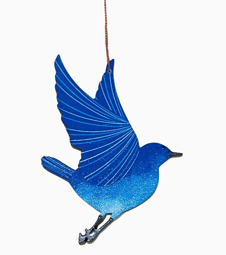Painted Blue Bird of Happiness Wood Ornament