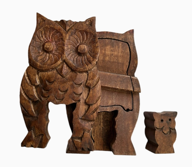 Owl with Baby Mango Wood Puzzle Box