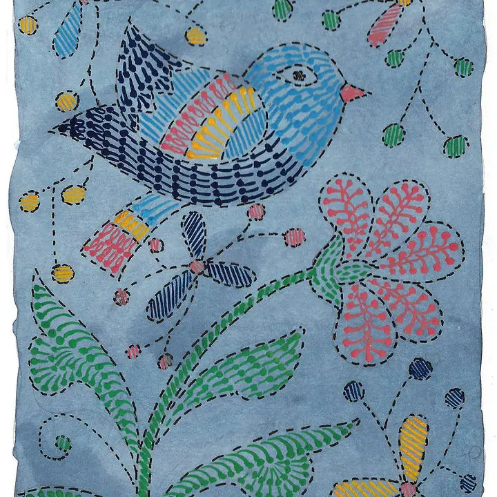 Bird and Flower Hand-Painted Greeting Card